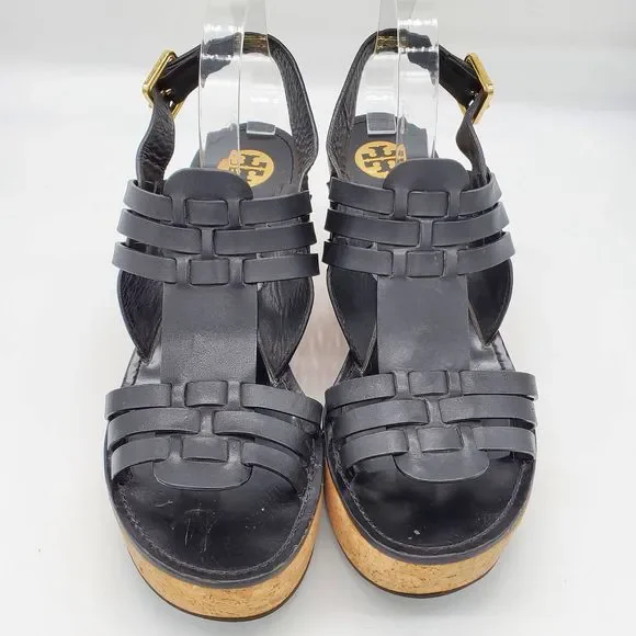 Tory Burch Leslie Black Strappy Cork Wedge Sandals - Picture 2 of 11